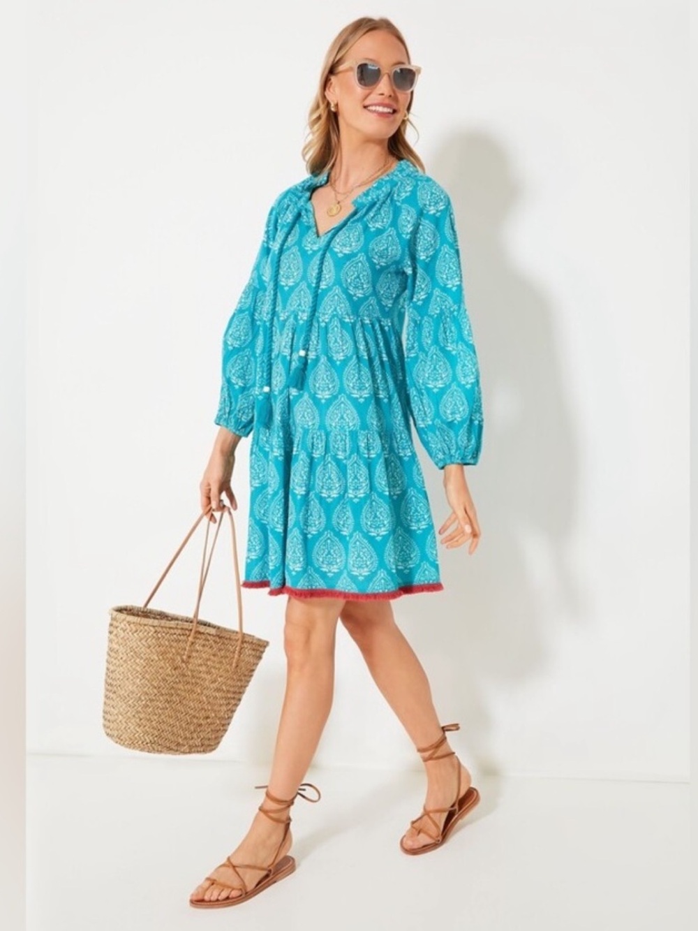 Tuckernuck || Tropical Teal Lantern Block Print Mini Dress Cover Up Caftan Small